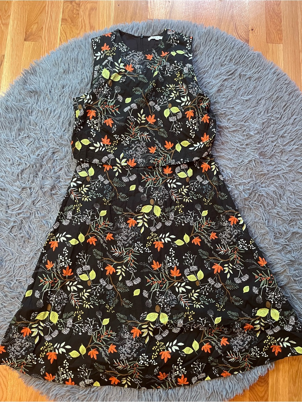 Mila Floral Leaf A-Line Sleeveless Midi Dress Black with Orange Lime Size M